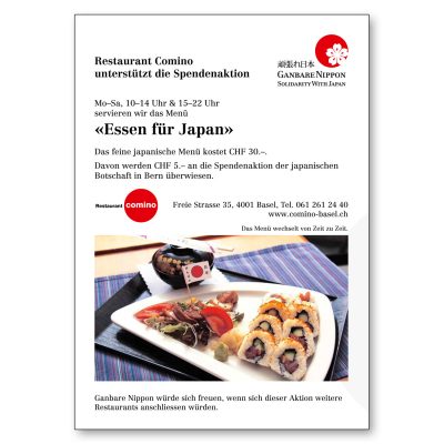 Flyer zur Spendenaktion im Restaurant Comino, Basel